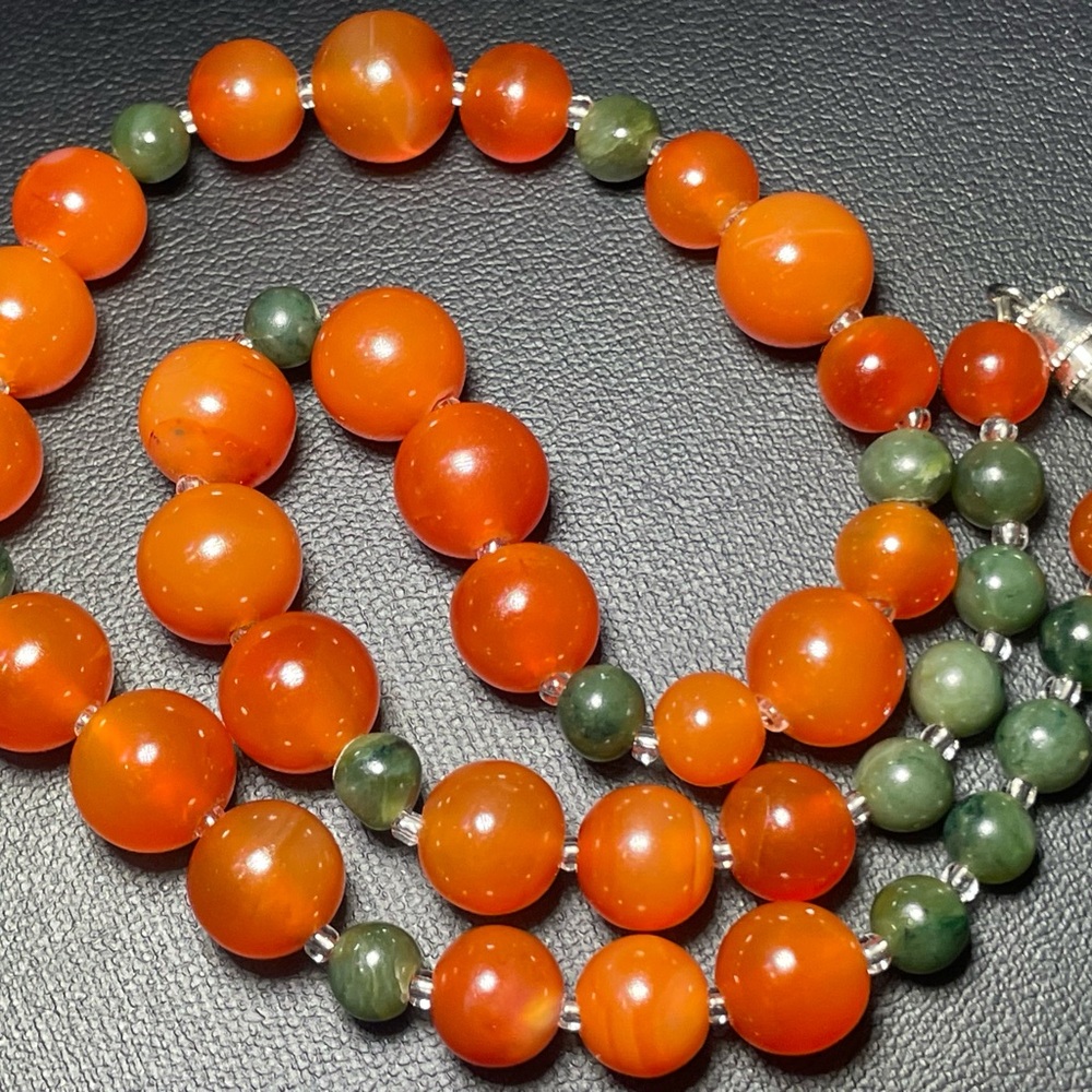 Gemstone Necklace Red Nanhong Agate Bingju Type (Icey Orange Tangerine) w/ Jade